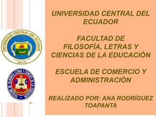 UNIVERSIDAD CENTRAL DEL
ECUADOR
FACULTAD DE
FILOSOFÍA, LETRAS Y
CIENCIAS DE LA EDUCACIÒN
ESCUELA DE COMERCIO Y
ADMINISTRACIÒN
REALIZADO POR: ANA RODRÍGUEZ
TOAPANTA
 