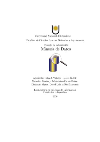 Universidad Nacional del Nordeste
Facultad de Ciencias Exactas, Naturales y Agrimensura
                Trabajo de Adscripción
             Minería de Datos




     Adscripta: Soﬁa J. Vallejos - L.U.: 37.032
    Materia: Diseño y Administración de Datos
    Director: Mgter. David Luis la Red Martínez

      Licenciatura en Sistemas de Información
               Corrientes - Argentina
                        2006
 