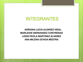 INTEGRANTES
ADRIANA LUCIA ALVAREZ VIDAL
MARLEDIS HERNANDEZ CONTRERAS
LEDIS PAOLA MARTINEZ ALVAREZ
ANA MILENA OCHOA MESTRA
 