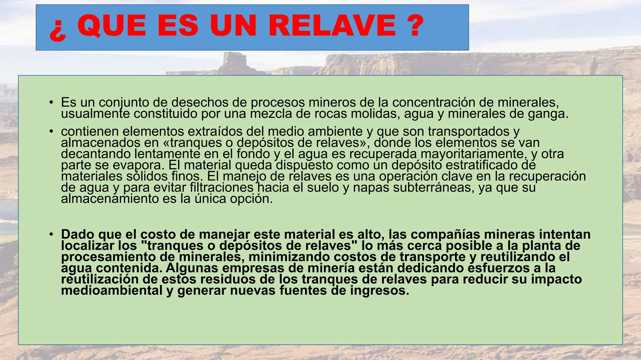 relaves en la minera , concepto , tipos de relave y sus partes | PPTX