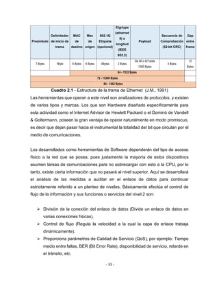 - 33 -
Preámbulo
Delimitador
de inicio de
trama
MAC
de
destino
Mac
de
origen
802.1Q
Etiqueta
(opcional)
Etgrtype
(ethernet
II) o
longitud
(IEEE
802.3)
Payload
Secuencia de
Comprobación
(32-bit CRC)
Gap
entre
frame
7 Bytes 1Byte 6 Bytes 6 Bytes 4Bytes 2 Bytes
De 46 o 42 hasta
1500 Bytes
4 Bytes
12
Bytes
64 - 1522 Bytes
72 - 15300 Bytes
84 - 1542 Bytes
Cuadro 2.1 - Estructura de la trama de Ethernet (J.M., 1991)
Las herramientas que operan a este nivel son analizadores de protocolos, y existen
de varios tipos y marcas. Los que son Hardware diseñado específicamente para
esta actividad como el Internet Advisor de Hewlett Packard o el Dominó de Vandell
& Goltermann, poseen la gran ventaja de operar naturalmente en modo promiscuo,
es decir que dejan pasar hacia el instrumental la totalidad del bit que circulan por el
medio de comunicaciones.
Los desarrollados como herramientas de Software dependerán del tipo de acceso
físico a la red que se posea, pues justamente la mayoría de estos dispositivos
asumen tareas de comunicaciones para no sobrecargar con esto a la CPU, por lo
tanto, existe cierta información que no pasará al nivel superior. Aquí se desarrollará
el análisis de las medidas a auditar en el enlace de datos para continuar
estrictamente referido a un planteo de niveles. Básicamente efectúa el control de
flujo de la información y sus funciones o servicios del nivel 2 son:
 División de la conexión del enlace de datos (Divide un enlace de datos en
varias conexiones físicas).
 Control de flujo (Regula la velocidad a la cual la capa de enlace trabaja
dinámicamente).
 Proporciona parámetros de Calidad de Servicio (QoS), por ejemplo: Tiempo
medio entre fallas, BER (Bit Error Rate), disponibilidad de servicio, retarde en
el tránsito, etc.
 