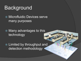 BackgroundMicrofluidic Devices serve many purposesMany advantages to this technologyLimited by throughput and detection methodology