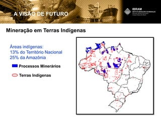 Mineração em Terras Indígenas
Áreas indígenas:
13% do Território Nacional
25% da Amazônia
Processos Minerários
Terras Indígenas
A VISÃO DE FUTURO
 