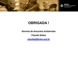 OBRIGADA !
Gerente de Assuntos Ambientais
Cláudia Salles
claudia@ibram.org.br
 