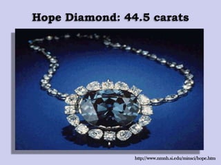 Hope Diamond: 44.5 carats
http://www.nmnh.si.edu/minsci/hope.htm
 