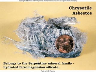 Chrysotile
Asbestos
Belongs to the Serpentine mineral family -
hydrated ferromagnesian silicate.
 