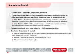 Aumento de Capital


 „ 1º passo - AGE (31/08) para elevar limite do capital;
 „ 2º passo - Aprovação pelo Conselho de Administração do aumento do limite de
   capital autorizado mediante a emissão para subscrição de ações ordinárias;
     § Valor Mínimo ~ R$ 100 milhões pois a acionista controladora já manifestou a intenção de
     subscrever a totalidade das ações correspondentes ao seu percentual no direito de preferência.
     § Valor Máximo ~ R$ 160 milhões, considerando que a controladora e todos os acionistas
     minoritários exercerão a totalidade de seus direitos de preferência.

 „ Vantagem adicional: nova ação subscrita + 1 bônus de subscrição;
 „ Benefícios do aumento de capital:
     § Redução dos endividamentos de curto prazo através do alongamento das linhas atuais e de longo
     prazo (programa de recompra dos bonds);
     §   Melhorar a estrutura de capital da Companhia (Relação Ke/Kd);
     §   Alto potencial de valorização das ações.




12
 