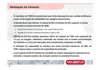 Destaques do trimestre


    „ O resultado do 2T09 foi caracterizado pelo forte desempenho das receitas do Minerva
      e pela confirmação de estabilidade nas margens operacionais;

    „ A Receita Bruta dos últimos 12 meses de R$ 2,5 bilhões foi 22% superior à receita
      acumulada no mesmo período de 2008;
        §   Receita acumulada de Exportação teve crescimento de 24%;

        §   Receita acumulada no Mercado Doméstico cresceu 18%.

    „ EBITDA de R$ 44,8 milhões aumentou 36,5% em relação ao 1T09, com expansão de
      1,3 p.p. na margem, refletindo a retomada nas vendas com a recente racionalização
      da indústria e o inicio da maturação dos investimentos realizados em 2008;

    „ A utilização da capacidade se manteve em níveis recordes históricos, de 80% no
      2T09, mesmo após o aumento de capacidade de produção;

    „ Lucro líquido de R$ 57 milhões foi resultado do melhor desempenho operacional no
      trimestre e impacto positivo da variação cambial no resultado financeiro.




2
 