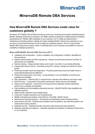 MinervaDB
MinervaDB Remote DBA Services
How MinervaDB Remote DBA Services create value for
customers globally ?
We deliver...