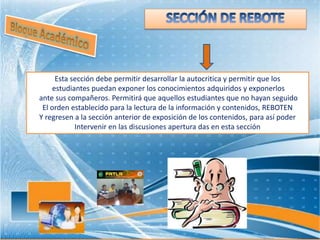 Esta sección debe permitir desarrollar la autocritica y permitir que los
estudiantes puedan exponer los conocimientos adquiridos y exponerlos
ante sus compañeros. Permitirá que aquellos estudiantes que no hayan seguido
El orden establecido para la lectura de la información y contenidos, REBOTEN
Y regresen a la sección anterior de exposición de los contenidos, para así poder
Intervenir en las discusiones apertura das en esta sección
 