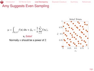 Introduction IID Monte Carlo Low Discrepancy Bayesian Cubature Summary References
Amy Suggests More Even Sampling than IID
µ =
ż
[0,1]d
f(x) dx « ^µn =
1
n
nÿ
i=1
f(xi),
xi Sobol’ (Dick and Pillichshammer, 2010)
Normally n should be a power of 2
8/23
 
