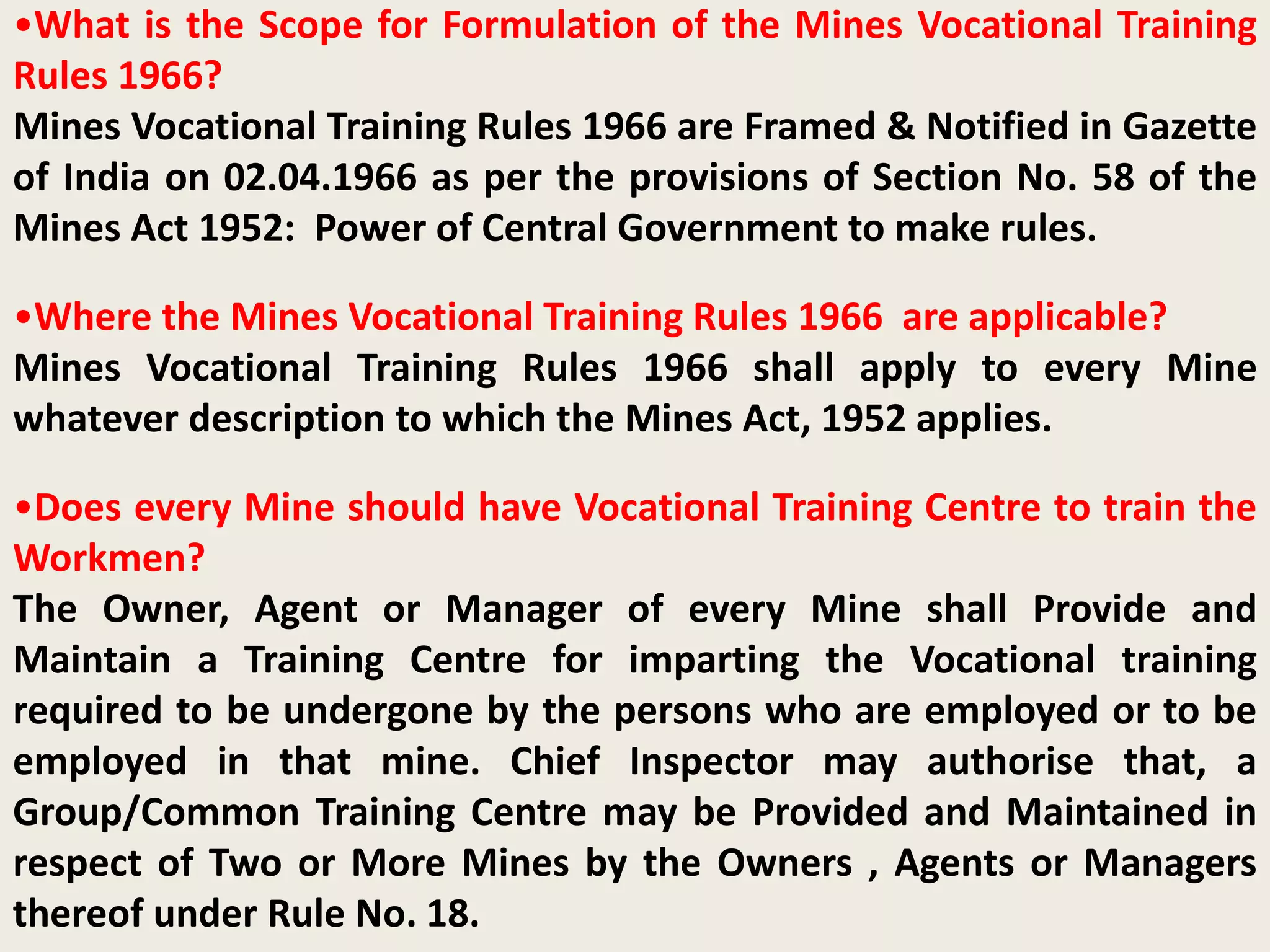 Mines vocational training rules 1966 short answer notes | PPTX