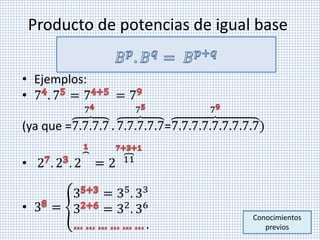 Producto de potencias de igual base
• Ejemplos:
• 7 . 7 = 7 = 7
(ya que =7.7.7.7
7
. 7.7.7.7.7
7
=7.7.7.7.7.7.7.7.7
7
)
• 2 . 2 . 2 = 2 11
• 3 =
3 = 35
. 33
3 = 32
. 36
.
Conocimientos
previos
 