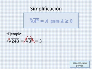Simplificación
•Ejemplo:
• 243 = 3 = 3
Conocimientos
previos
 