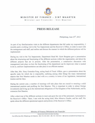 Min fin press release 25 juni Minister Of Finance Visits Tax Inspectorate & Recievers Office