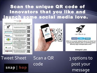 Scan the unique QR code of
Innovators that you like and
launch some social media love.

Tweet Sheet

Scan a QR
code

3 options to
post your
message

 