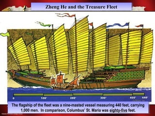ZZhheenngg HHee aanndd tthhee TTrreeaassuurree FFlleeeett 
The flagship of the fleet was a nine-masted vessel measuring 440 feet, carrying 
The flagship of the fleet was a nine-masted vessel measuring 440 feet, carrying 
1,000 men. In comparison, Columbus’ St. Maria was eighty-five feet. 
1,000 men. In comparison, Columbus’ St. Maria was eighty-five feet. 
 
