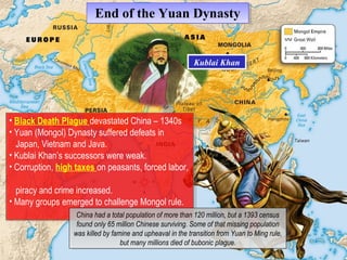 EEnndd ooff tthhee YYuuaann DDyynnaassttyy 
• Black Death Plague devastated China – 1340s 
• Yuan (Mongol) Dynasty suffered defeats in 
Japan, Vietnam and Java. 
• Kublai Khan’s successors were weak. 
• Corruption, high taxes on peasants, forced labor, 
piracy and crime increased. 
• Many groups emerged to challenge Mongol rule. 
• Black Death Plague devastated China – 1340s 
• Yuan (Mongol) Dynasty suffered defeats in 
Japan, Vietnam and Java. 
• Kublai Khan’s successors were weak. 
• Corruption, high taxes on peasants, forced labor, 
piracy and crime increased. 
• Many groups emerged to challenge Mongol rule. 
KKuubblalai iK Khhaann 
China had a total population of more than 120 million, but a 1393 census 
found only 65 million Chinese surviving. Some of that missing population 
was killed by famine and upheaval in the transition from Yuan to Ming rule, 
China had a total population of more than 120 million, but a 1393 census 
found only 65 million Chinese surviving. Some of that missing population 
was killed by famine and upheaval in the transition from Yuan to Ming rule, 
but many millions died of bubonic plague. 
but many millions died of bubonic plague. 
 