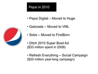 • Pepsi Digital – Moved to Huge
• Gatorade – Moved to VML
• Sobe – Moved to FirstBorn
• Ditch 2010 Super Bowl Ad
($33 million spent in 2009)
• Refresh Everything – Social Campaign
($20 million year-long campaign)
Pepsi in 2010
 