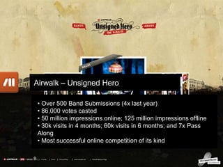 Work
• Launched in 5 languages in 9 countries in Asia Pacific
• 4 Million unique visitors in 3 months
• Over 15k visits per day
• Over 20 minutes time-spent on average
• Still one of the most successful Nike Football Ad campaign ever done
Nike – 90 Days of Football
• Over 500 Band Submissions (4x last year)
• 86,000 votes casted
• 50 million impressions online; 125 million impressions offline
• 30k visits in 4 months; 60k visits in 6 months; and 7x Pass
Along
• Most successful online competition of its kind
Airwalk – Unsigned Hero
 
