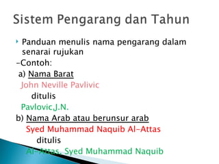  Panduan menulis nama pengarang dalam
  senarai rujukan
-Contoh:
 a) Nama Barat
  John Neville Pavlivic
     ditulis
  Pavlovic,J.N.
b) Nama Arab atau berunsur arab
    Syed Muhammad Naquib Al-Attas
      ditulis
    Al-Attas, Syed Muhammad Naquib
 