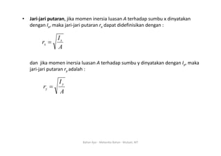 • Jari‐jari putaran, jika momen inersia luasan A terhadap sumbu x dinyatakan
dengan I maka jari jari putaran r dapat didefinisikan dengan :
dengan Ix, maka jari‐jari putaran rx dapat didefinisikan dengan :
I
r x
=
A
rx =
dan jika momen inersia luasan A terhadap sumbu y dinyatakan dengan Iy, maka
jari‐jari putaran ry adalah :
A
I
r
y
y =
Bahan Ajar ‐ Mekanika Bahan ‐ Mulyati, MT
 