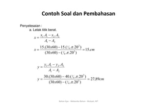 Contoh Soal dan Pembahasan
Penyelesaian :
a Letak titik berat
a. Letak titik berat.
A
A
A
x
A
x
x
.
.
2
1
2
2
1
1
−
−
=
cm
x
x
x .
15
)
20
.
.
(
)
60
30
(
)
20
.
.
.(
15
)
60
30
.(
15
3
4
1
2
4
1
=
−
−
=
π
π
A
y
A
y
y
.
. 2
2
1
1 −
=
cm
x
y
A
A
y
89
,
27
)
20
(
)
60
30
(
)
20
.
.
.(
40
)
60
30
.(
30
3
1
2
4
1
2
1
=
−
=
−
π
x
y ,
)
20
.
.
(
)
60
30
( 3
4
1
− π
Bahan Ajar ‐ Mekanika Bahan ‐ Mulyati, MT
 