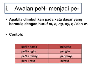 • Apabila diimbuhkan pada kata dasar yang
bermula dengan huruf m, n, ng, ny, r, l dan w.
• Contoh:
i. Awalan peN- menjadi pe-
peN + nama penama
peN + ngilu pengilu
peN + nyanyi penyanyi
peN + rasa perasa
 