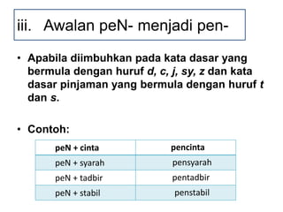 • Apabila diimbuhkan pada kata dasar yang
bermula dengan huruf d, c, j, sy, z dan kata
dasar pinjaman yang bermula dengan huruf t
dan s.
• Contoh:
iii. Awalan peN- menjadi pen-
peN + cinta pencinta
peN + syarah pensyarah
peN + tadbir pentadbir
peN + stabil penstabil
 