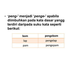 • ‘peng-’ menjadi ‘penge-’ apabila
diimbuhkan pada kata dasar yangg
terdiri daripada suku kata seperti
berikut:
bom pengebom
lap pengelap
pam pengepam
 
