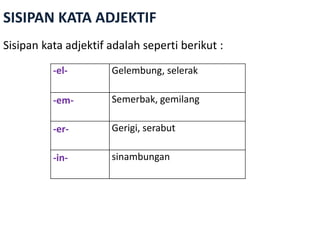 -el- Gelembung, selerak
-em- Semerbak, gemilang
-er- Gerigi, serabut
-in- sinambungan
SISIPAN KATA ADJEKTIF
Sisipan kata adjektif adalah seperti berikut :
 