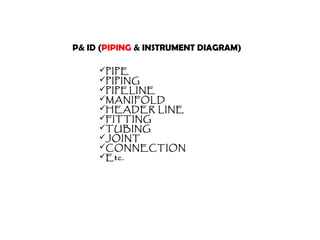 PIPE
PIPING
PIPELINE
MANIFOLD
HEADER LINE
FITTING
TUBING
JOINT
CONNECTION
Etc.
P& ID (PIPING & INSTRUMENT DIAGRAM)
 