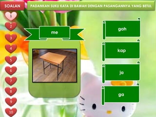 SOALAN   PADANKAN SUKU KATA DI BAWAH DENGAN PASANGANNYA YANG BETUL

  1

  2
                                                  gah
                  me
  3

  4
                                                 kap

  5

  6
                                                  ja
  7

  8
                                                  ga
  9

 10
 