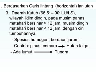 . Berdasarkan Garis lintang (horizontal) lanjutan 
3. Daerah Kutub (66,5o – 90o LU/LS), 
wilayah iklim dingin, pada musim panas 
matahari bersinar > 12 jam, musim dingin 
matahari bersinar < 12 jam, dengan ciri 
tumbuhannya: 
- Spesies homogen, berdaun jarum: 
Contoh: pinus, cemara Hutah taiga. 
- Ada lumut Tundra 
 
