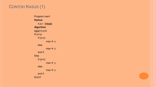 CONTOH KASUS (1)
Program max1
Kamus
x,y,z : integer
Algoritma
input (x,y,z)
If (x>y)
if (x>z)
max  x
else
max  z
end if
Else
if (y>z)
max  y
else
max  z
end if
End If
 