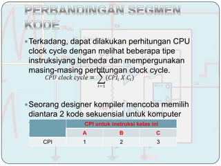  Terkadang, dapat dilakukan perhitungan CPU
 clock cycle dengan melihat beberapa tipe
 instruksiyang berbeda dan mempergunakan
 masing-masing perhitungan clock cycle.



 Seorang designer kompiler mencoba memilih
 diantara 2 kode sekuensial untuk komputer
 tertentu. Fakta dari designer hardware
                 CPI untuk instruksi kelas ini
 menunjukkan A                B              C
     CPI         1         2          3
 