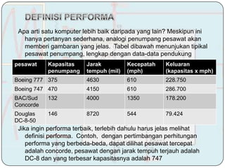 Apa arti satu komputer lebih baik daripada yang lain? Meskipun ini
   hanya pertanyan sederhana, analogi penumpang pesawat akan
   memberi gambaran yang jelas. Tabel dibawah menunjukan tipikal
   pesawat penumpang, lengkap dengan data-data pendukung
pesawat    Kapasitas     Jarak          Kecepatah    Keluaran
           penumpang     tempuh (mil)   (mph)        (kapasitas x mph)
Boeing 777 375           4630           610          228.750
Boeing 747 470           4150           610          286.700
BAC/Sud    132           4000           1350         178.200
Concorde
Douglas    146           8720           544          79.424
DC-8-50
 Jika ingin performa terbaik, terlebih dahulu harus jelas melihat
    definisi performa. Contoh, dengan pertimbangan perhitungan
    performa yang berbeda-beda, dapat dilihat pesawat tercepat
    adalah concorde, pesawat dengan jarak tempuh terjauh adalah
    DC-8 dan yang terbesar kapasitasnya adalah 747
 