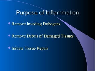 Purpose of InflammationPurpose of Inflammation
Remove Invading Pathogens
Remove Debris of Damaged Tissues
Initiate Tissue Repair
 