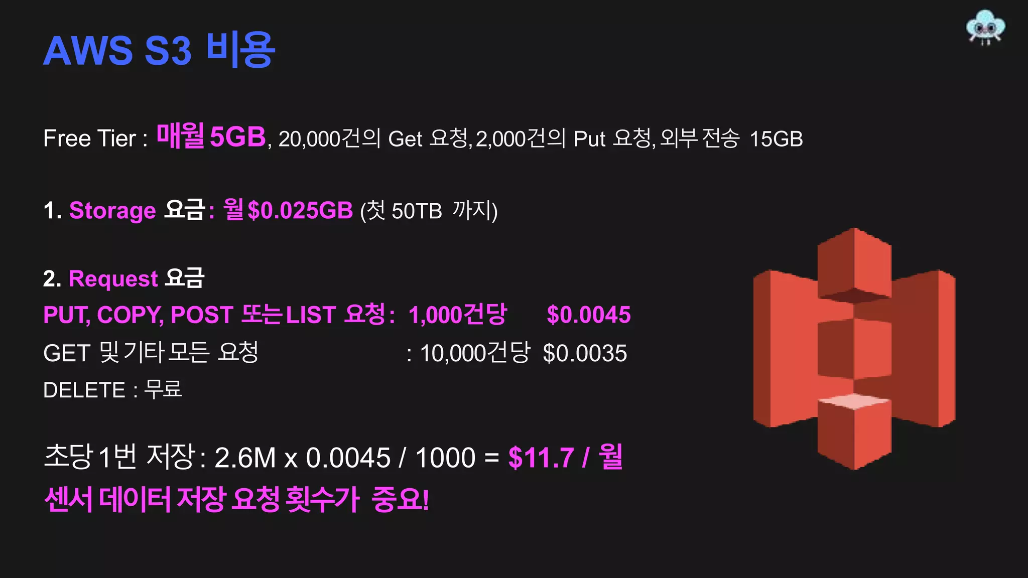AWS S3 비용
Free Tier : 매월5GB, 20,000건의 Get 요청,2,000건의 Put 요청,외부전송 15GB
1. Storage 요금: 월$0.025GB (첫 50TB 까지)
2. Request 요금
PUT, COPY, POST 또는LIST 요청: 1,000건당 $0.0045
: 10,000건당 $0.0035GET 및기타모든 요청
DELETE : 무료
초당1번 저장: 2.6M x 0.0045 / 1000 = $11.7 / 월
센서데이터저장요청횟수가 중요!
 