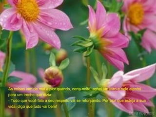 As coisas iam de mal a pior quando, certa noite, achei um livro e nele atentei para um trecho que dizia: - Tudo que você fala a seu respeito vai se reforçando. Por pior que esteja a sua vida, diga que tudo vai bem! 
