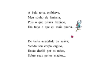 A  bela  relva  enfeitava, Meu  sonho  de  fantasia, Pois  o  que  estava  fazendo, Era  tudo  o  que  eu  mais  queria... De  tanta  ansiedade  eu  suava, Vendo  seu  corpo  esguio, Então  decidi  por  as  mãos, Sobre  seus  peitos  macios... 