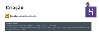 Criando a aplicação no Heroku
$ heroku create
Creating soujava-locaweb-13062015... done, stack is cedar-14
http://soujava-locaweb-13062015.herokuapp.com/ | https://git.heroku.com/soujava-locaweb-13062015.git
Git remote heroku added
Criação
 