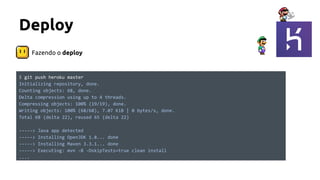 Fazendo o deploy
Deploy
$ git push heroku master
Initializing repository, done.
Counting objects: 68, done.
Delta compression using up to 4 threads.
Compressing objects: 100% (19/19), done.
Writing objects: 100% (68/68), 7.07 KiB | 0 bytes/s, done.
Total 68 (delta 22), reused 65 (delta 22)
-----> Java app detected
-----> Installing OpenJDK 1.8... done
-----> Installing Maven 3.3.1... done
-----> Executing: mvn -B -DskipTests=true clean install
....
 
