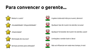 Para convencer o gerente...
Reduzir o custo? A galera toda está indo pra nuvem, demoro!
+Escalabilidade? +Disponibilidade?
+Elasticidade?
Otimização de recursos?
Serviços prontos para utilização?
Qualquer tipo de nuvem me atende, ta sussa!
Qualquer fornecedor de nuvem me atende, suave!
Limitações e vendor lock-in. Bora!
Não vai influenciar em nada meu trampo, é nois!
 