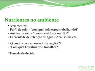 Nutrientes no ambiente

Ferramentas:
- Perfil de solo – “com qual solo estou trabalhando?”
- Análise de solo – “teores aceitáveis ou não?”
- Capacidade de retenção de água – Análises físicas;

Quando vou usar essas informações??
- “Com qual literatura vou trabalhar?”

Tomada de decisão.
 