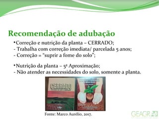 Recomendação de adubação

Correção e nutrição da planta – CERRADO;
- Trabalha com correção imediata/ parcelada 5 anos;
- Correção = “suprir a fome do solo”;

Nutrição da planta – 5ª Aproximação;
- Não atender as necessidades do solo, somente a planta.
Fonte: Marco Aurélio, 2017.
 