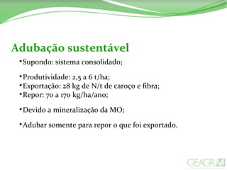 Adubação sustentável

Supondo: sistema consolidado;

Produtividade: 2,5 a 6 t/ha;

Exportação: 28 kg de N/t de caroço e fibra;

Repor: 70 a 170 kg/ha/ano;

Devido a mineralização da MO;

Adubar somente para repor o que foi exportado.
 