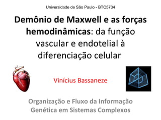 Universidade de São Paulo - BTC5734


Demônio de Maxwell e as forças
  hemodinâmicas: da função
    vascular e endotelial à
    diferenciação celular

           Vinícius Bassaneze

   Organização e Fluxo da Informação
   Genética em Sistemas Complexos
 