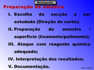 Profº Villardo
MetalografiaMetalografiaMetalografiaMetalografia
Preparação da amostra
I. Escolha da secção a ser
estudada (Direção do corte);
II. Preparação da amostra /
superfície (lixamento/polimento);
III. Ataque com reagente químico
adequado;
IV. Interpretação dos resultados;
V. Documentação.
 