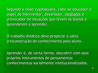 3300 
SSeegguunnddoo aa vviissããoo vvyyggoottsskkyyaannaa,, ccaabbee aaoo eedduuccaaddoorr oo 
ppaappeell ddee iinntteerrvveennttoorr,, ddeessaaffiiaaddoorr,, mmeeddiiaaddoorr ee 
pprroovvooccaaddoorr ddee ssiittuuaaççõõeess qquuee lleevveemm ooss aalluunnooss aa 
aapprreennddeerreemm aa aapprreennddeerr.. 
OO ttrraabbaallhhoo ddiiddááttiiccoo ddeevvee pprrooppiicciiaarr aa ((ddeess)) 
((rree))ccoonnssttrruuççããoo ddoo ccoonnhheecciimmeennttoo ppeelloo aalluunnoo.. 
AApprreennddeerr éé,, ddee cceerrttaa ffoorrmmaa,, ddeessccoobbrriirr ccoomm sseeuuss 
pprróópprriiooss iinnssttrruummeennttooss ddee ppeennssaammeennttooss 
ccoonnhheecciimmeennttooss ssoocciiaallmmeennttee iinnssttiittuucciioonnaalliizzaaddooss.. 
 